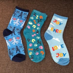 3 Pair Crew Ankle Socks L/XL 10/12  Robots/Hearts, Cat/Dog, Peace/Love/Joy New
